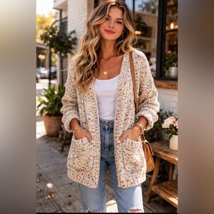 Sienna Sky Cream Multicolor Speckled Open-Front Cardigan